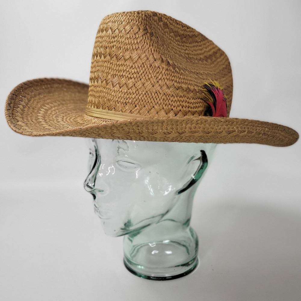 Bailey U-Rollit Straw Cowboy Hat Tan Woven Long Oval Large Feather Accent USA 7